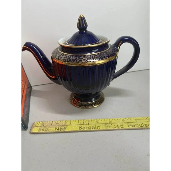 Hall Cobalt Blue Gold Ribbed Teapot 6 Cup USA - Picture 2 of 2
